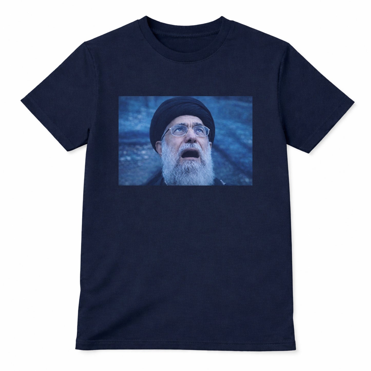 Navy blue Ayatollah meme t-shirt featuring viral internet meme graphic of bearded man with glasses on heavyweight cotton tee