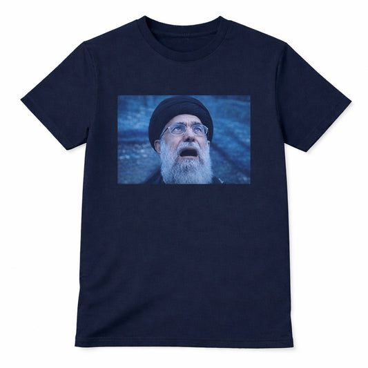 Navy blue Ayatollah meme t-shirt featuring viral internet meme graphic of bearded man with glasses on heavyweight cotton tee