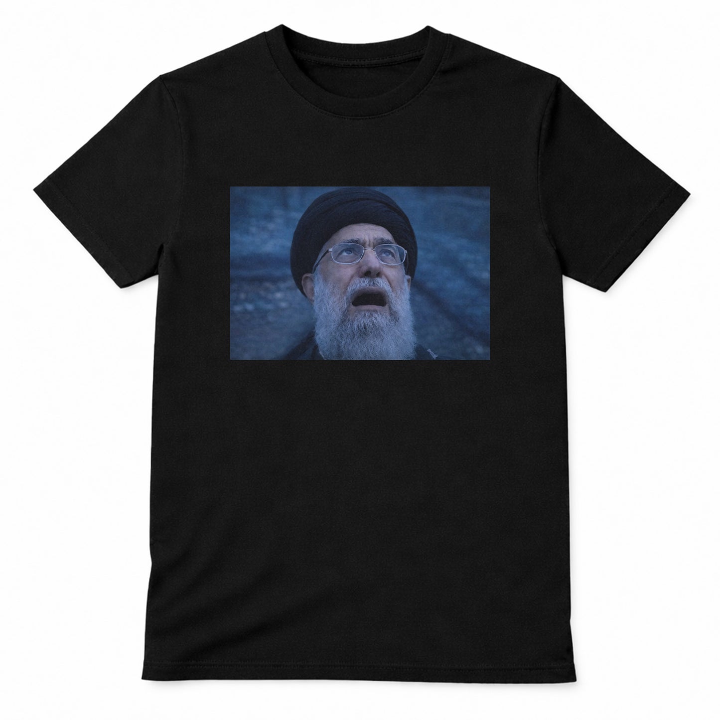 Ayatollah meme graphic t-shirt showing iconic internet culture design with bearded figure on premium cotton unisex tee