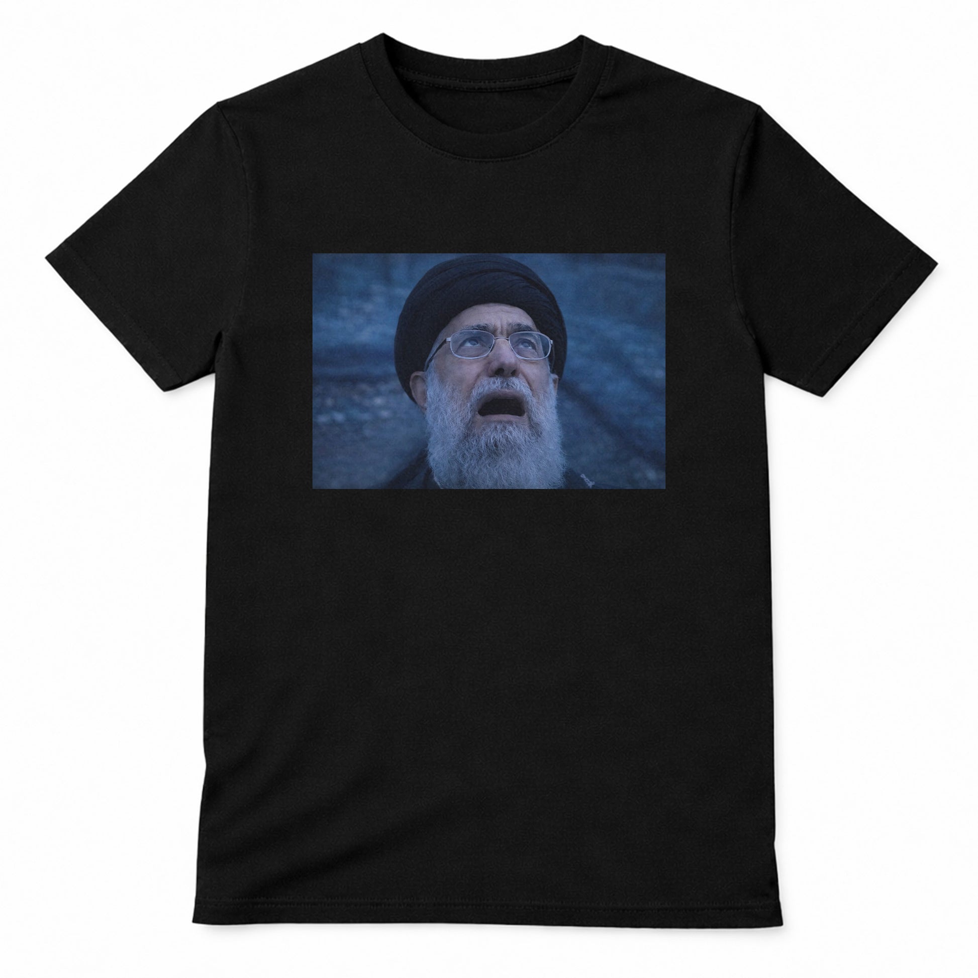 Ayatollah meme graphic t-shirt showing iconic internet culture design with bearded figure on premium cotton unisex tee