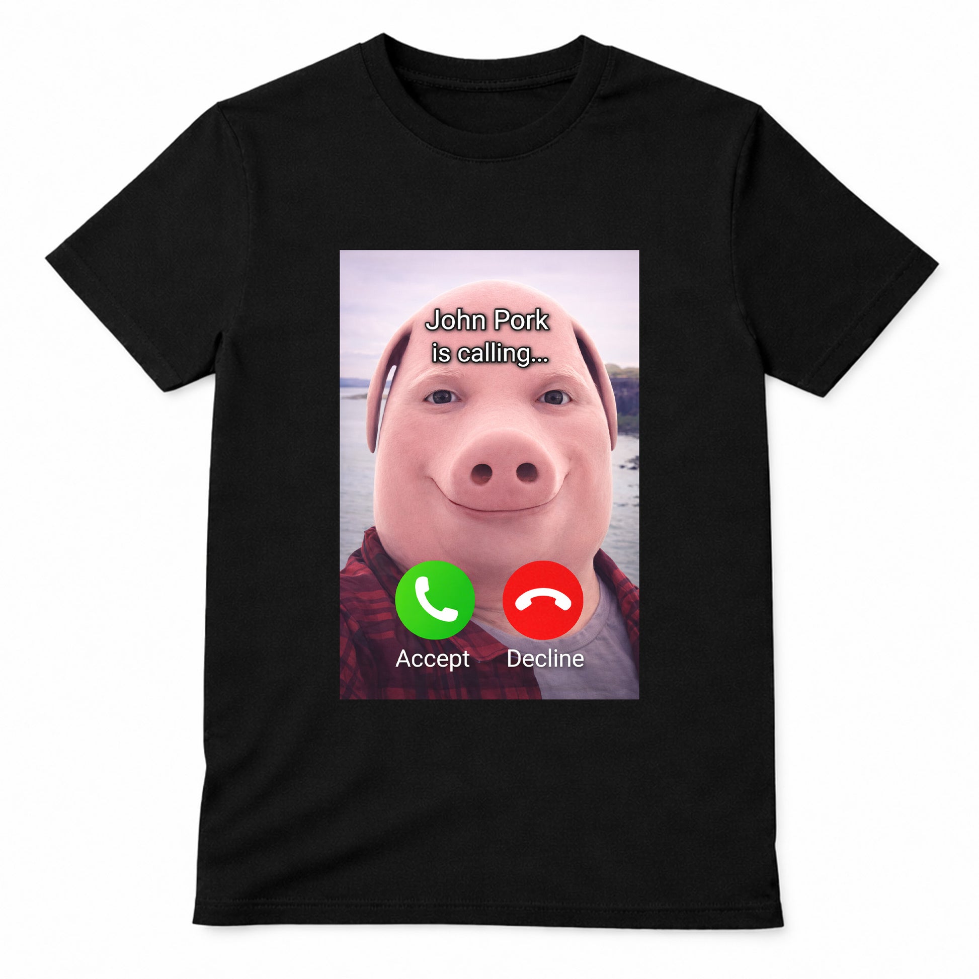 Black John Pork meme t-shirt with pig face calling screen design on front