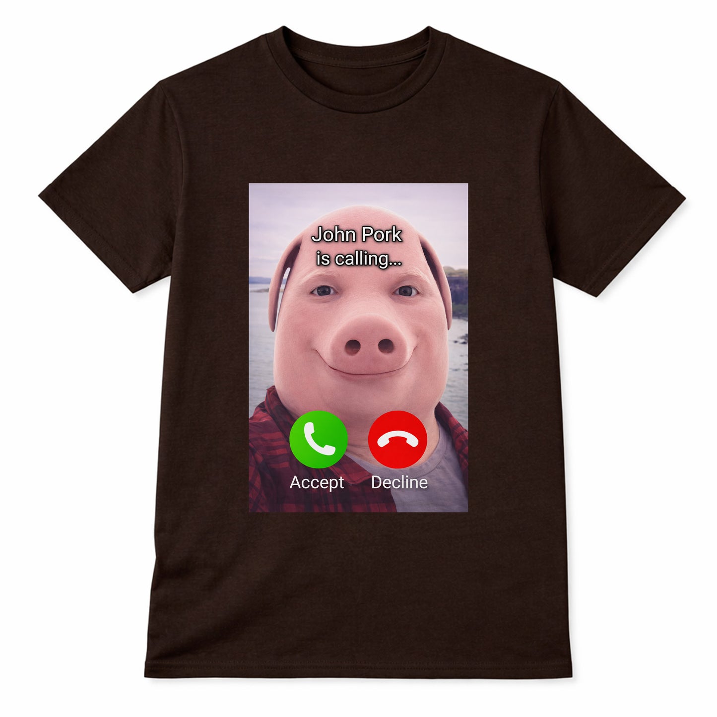 Brown John Pork meme t-shirt with pig face calling screen design on front