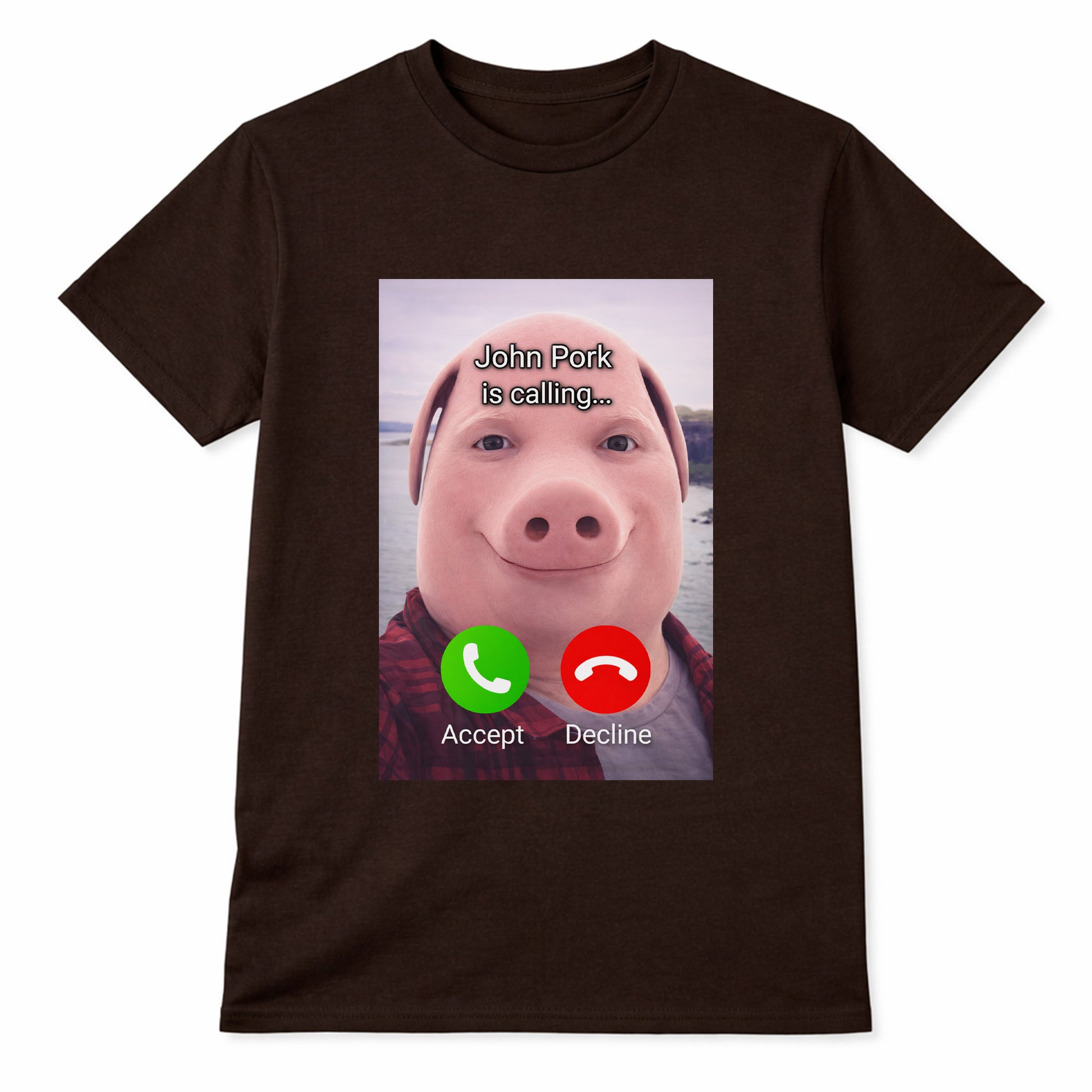 Brown John Pork meme t-shirt with pig face calling screen design on front