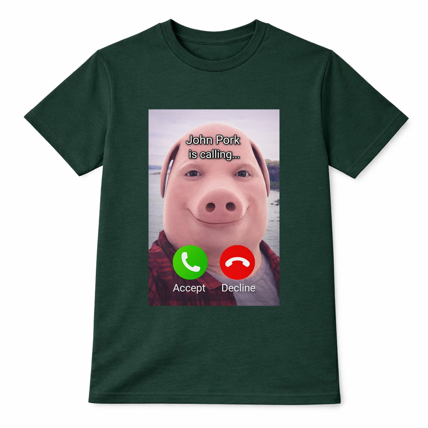 Green John Pork meme t-shirt with pig face calling screen design on front