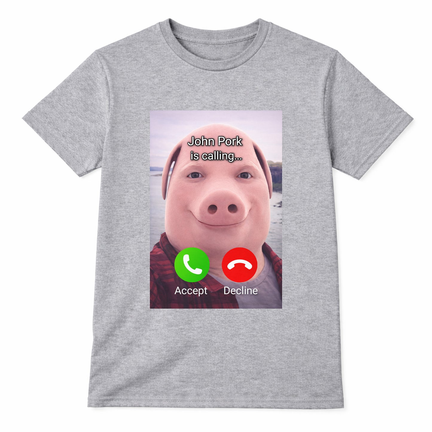 Grey John Pork meme t-shirt with pig face calling screen design on front