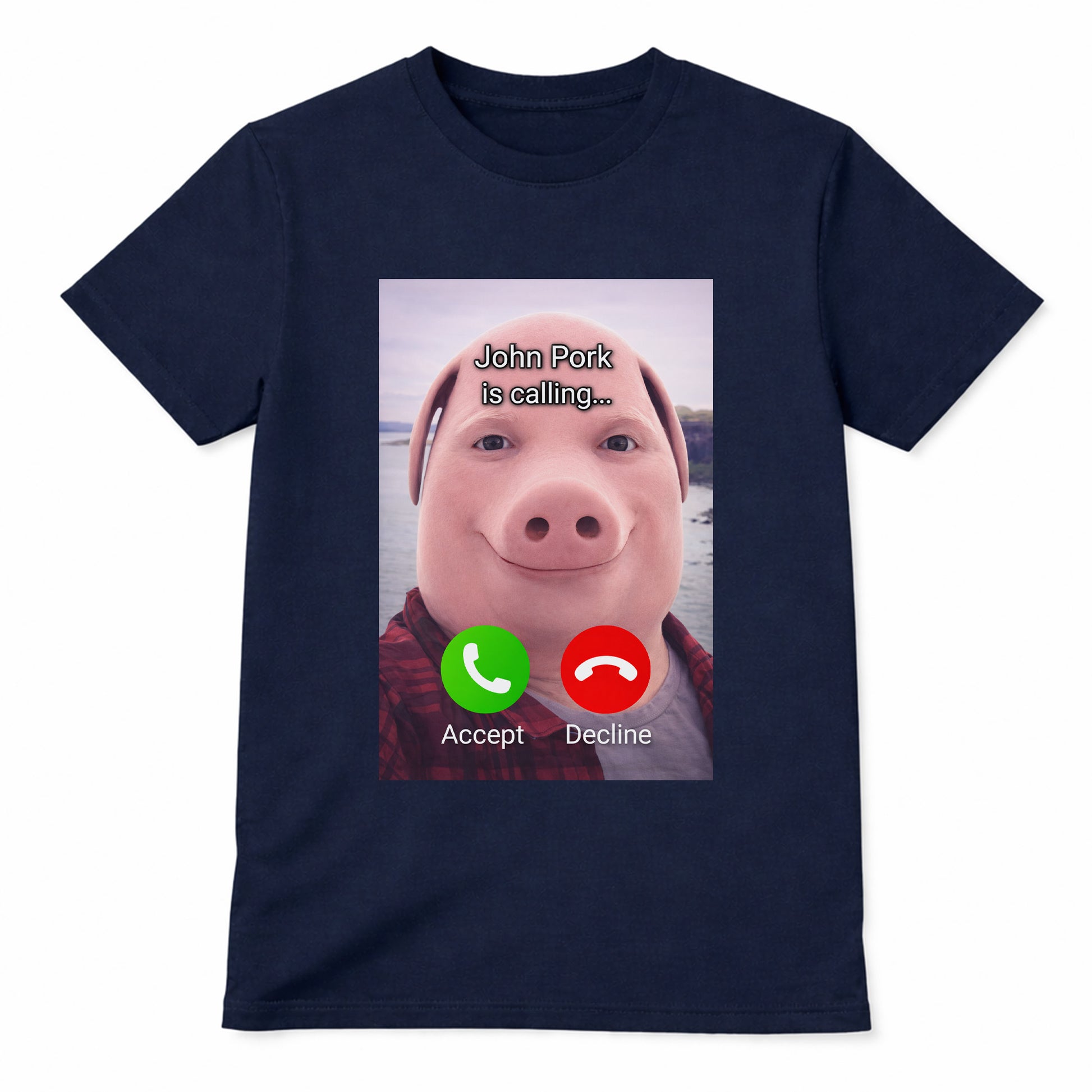 Navy John Pork meme t-shirt with pig face calling screen design on front