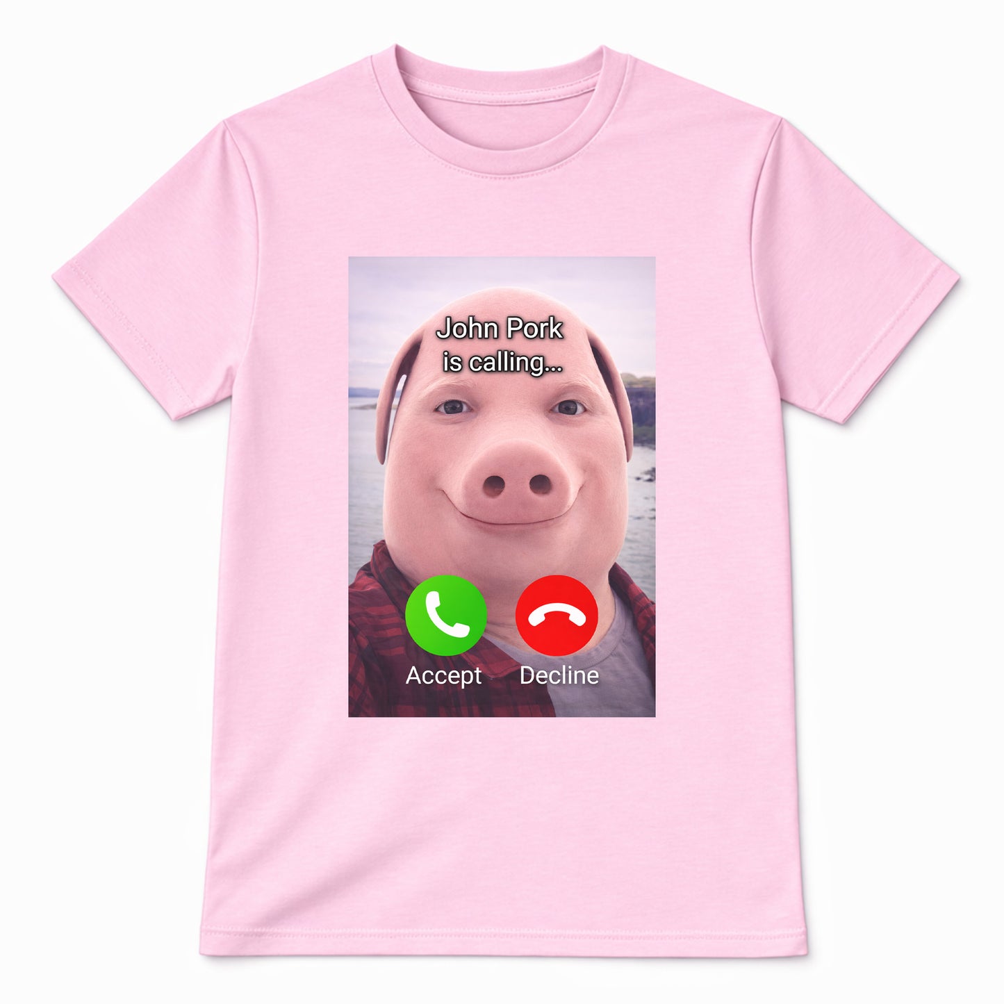 Pink John Pork meme t-shirt with pig face calling screen design on front