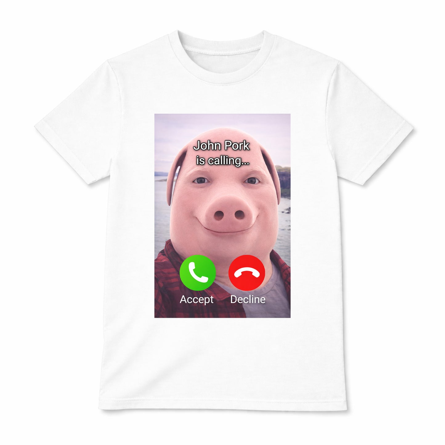 White John Pork meme t-shirt with pig face calling screen design on front