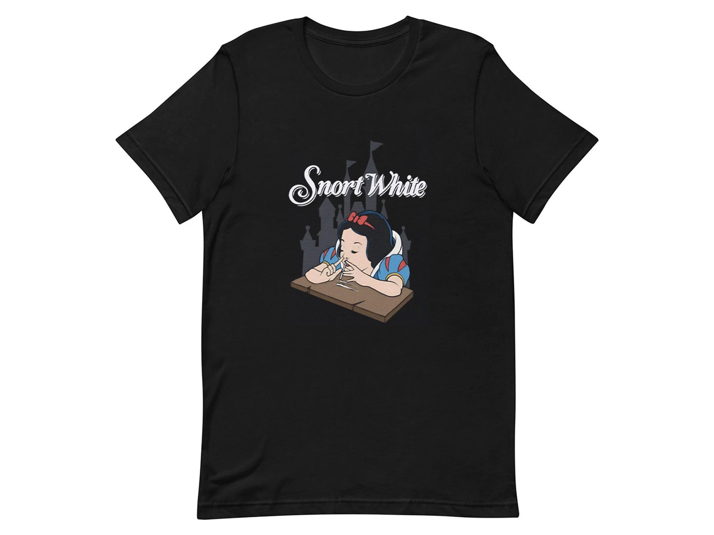 Black t-shirt with Snort Party design showing Snow White parody cartoon character at table with humorous twist on classic fairy tale