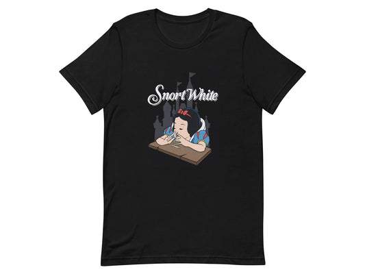 Black t-shirt with Snort Party design showing Snow White parody cartoon character at table with humorous twist on classic fairy tale
